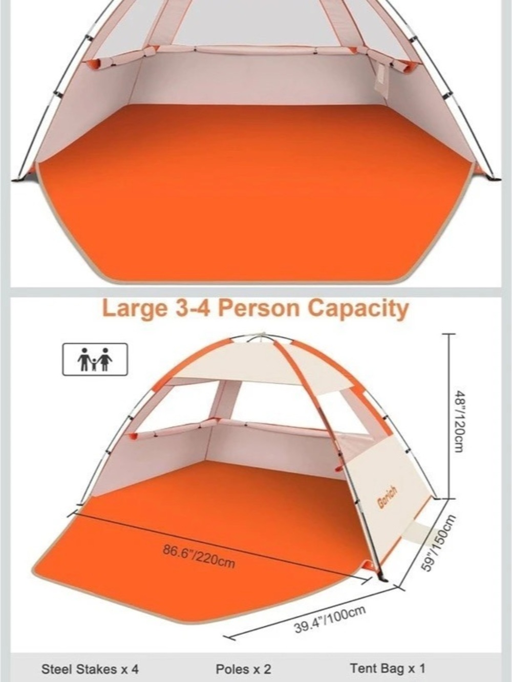 Gorich Beach Tent Sun Shelter for 3-4 Person Orange & White 3-4 Person